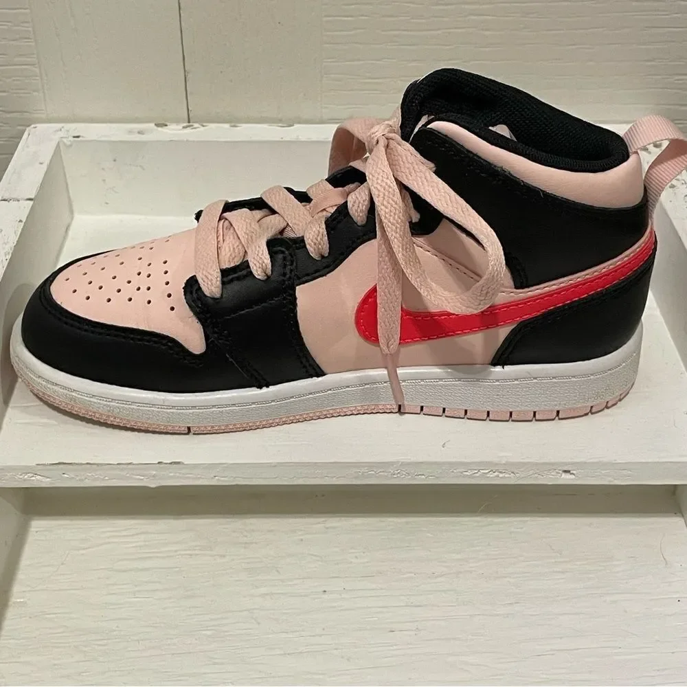 Nike Air Jordan 1 Mid GS Atmosphere Shoes Black Pink Crimson Kids 1Y